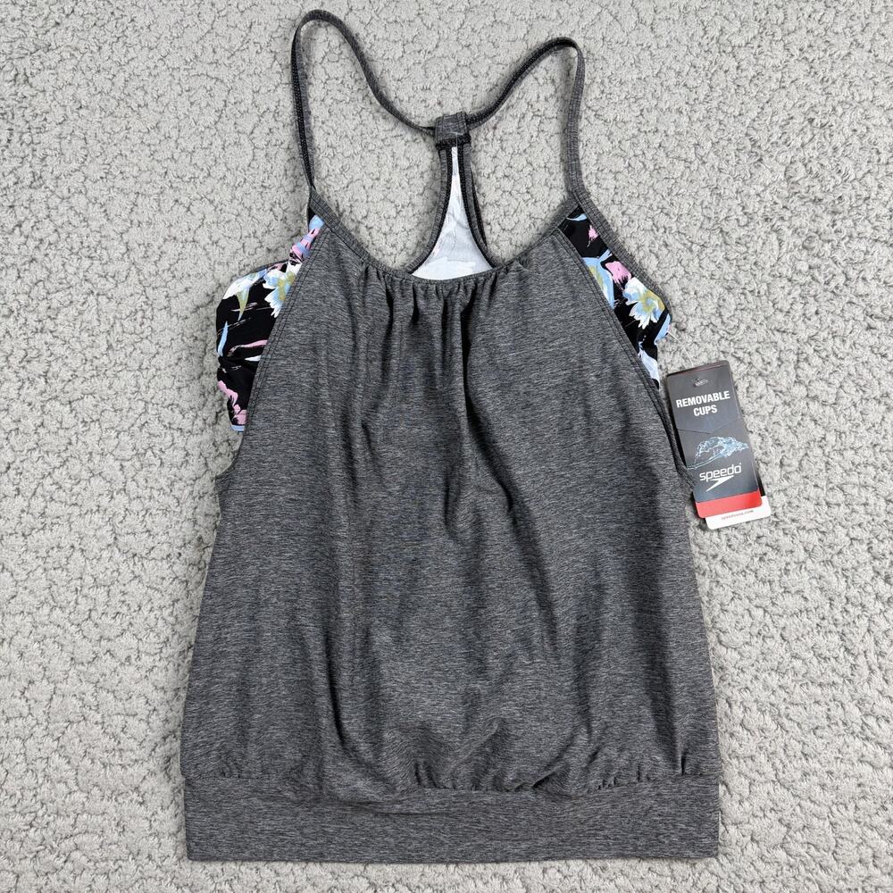 Speedo Blouson Racerback Sports Bra Swim Top Women's S Gray Tropical UPF New